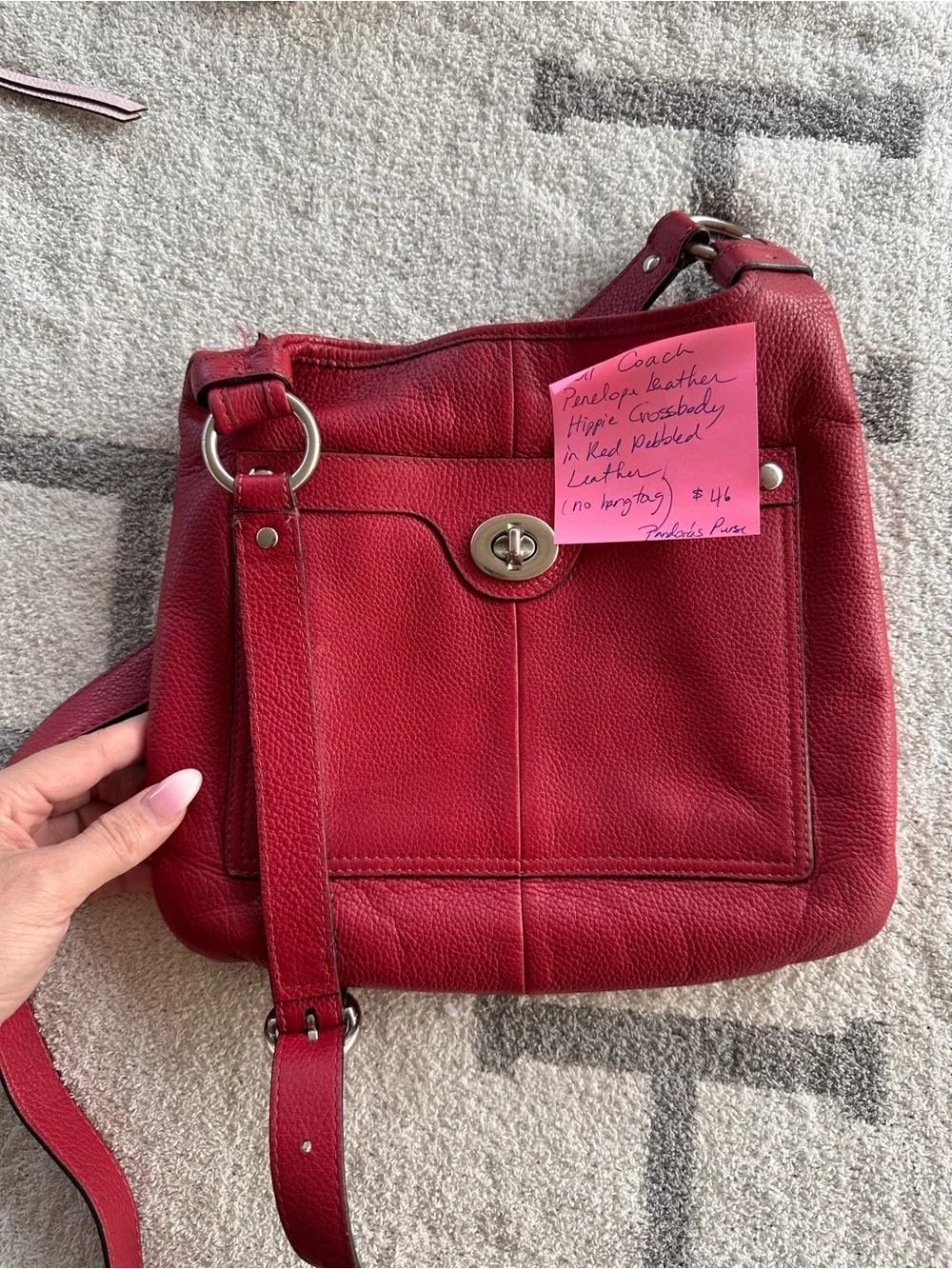 Coach Red Pebbled Leather Shoulder Bag with Turnlock Pocket